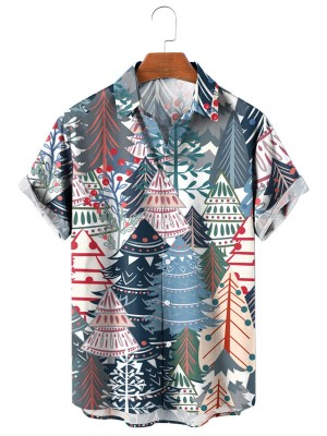 Holiday Print Short Sleeve Shirt with Christmas Tree Pattern